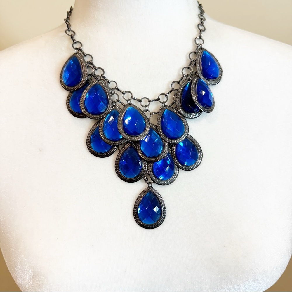 Vintage Sapphire CZ Crystal Dew Drops Statement Necklace